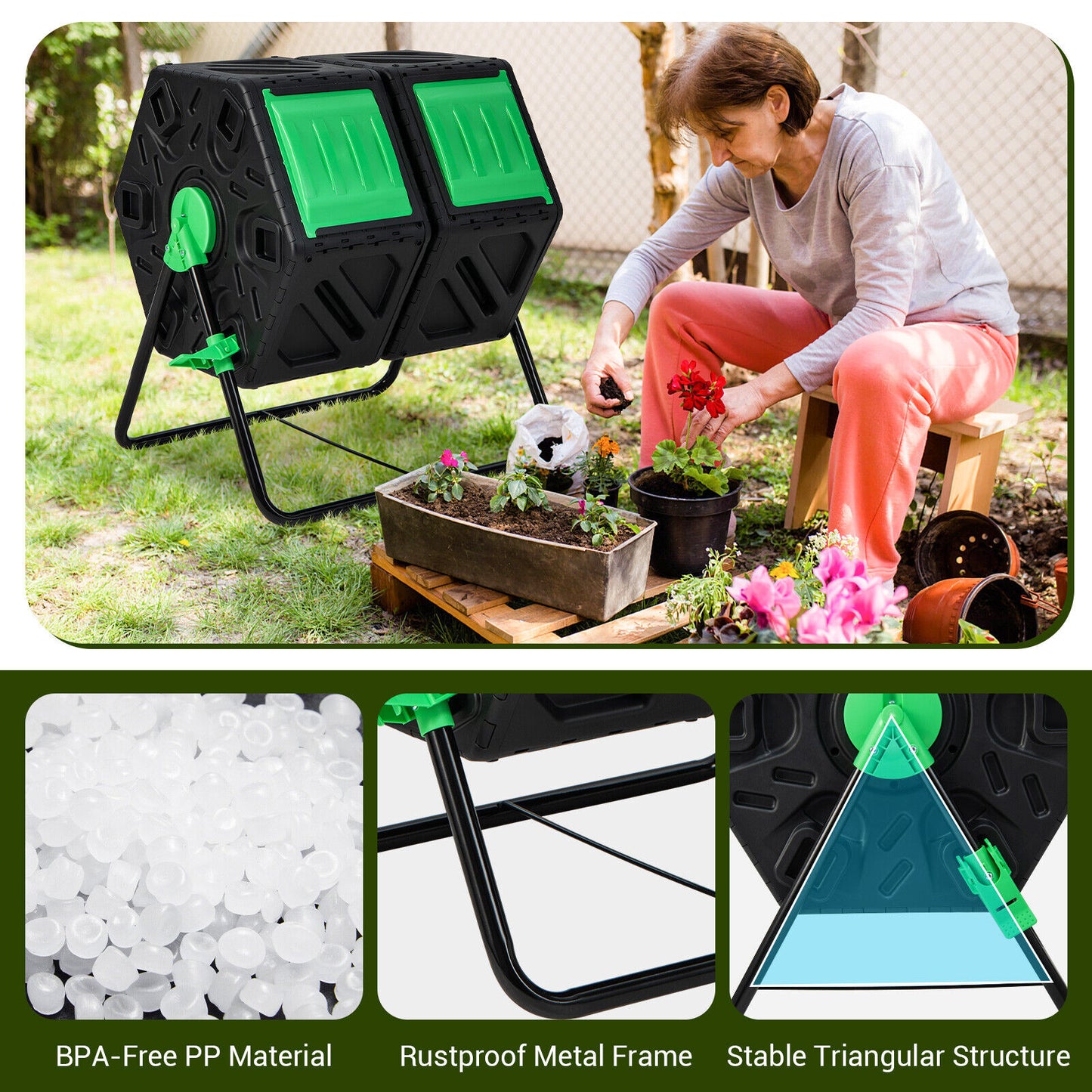 Dual Chamber Garden Compost Tumbler, Black & Green Garden Tools at Gallery Canada
