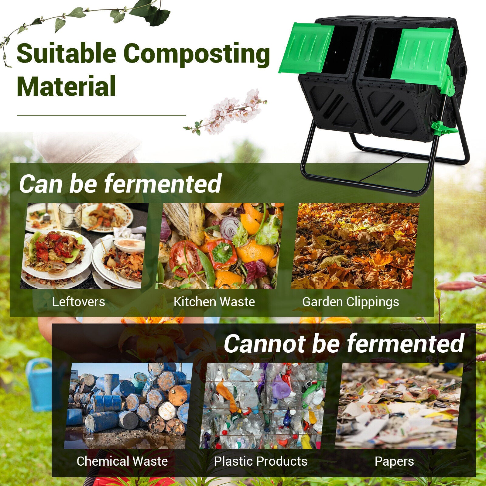 Dual Chamber Garden Compost Tumbler, Black & Green Garden Tools at Gallery Canada