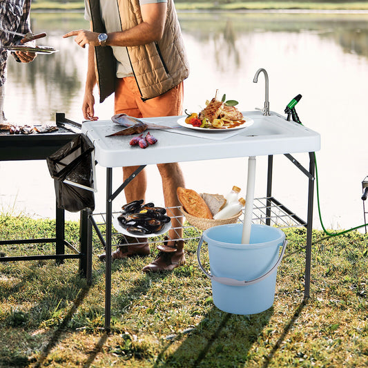 Portable Camping Fish Cleaning Table with Grid Rack and Faucet, Black & White - Gallery Canada