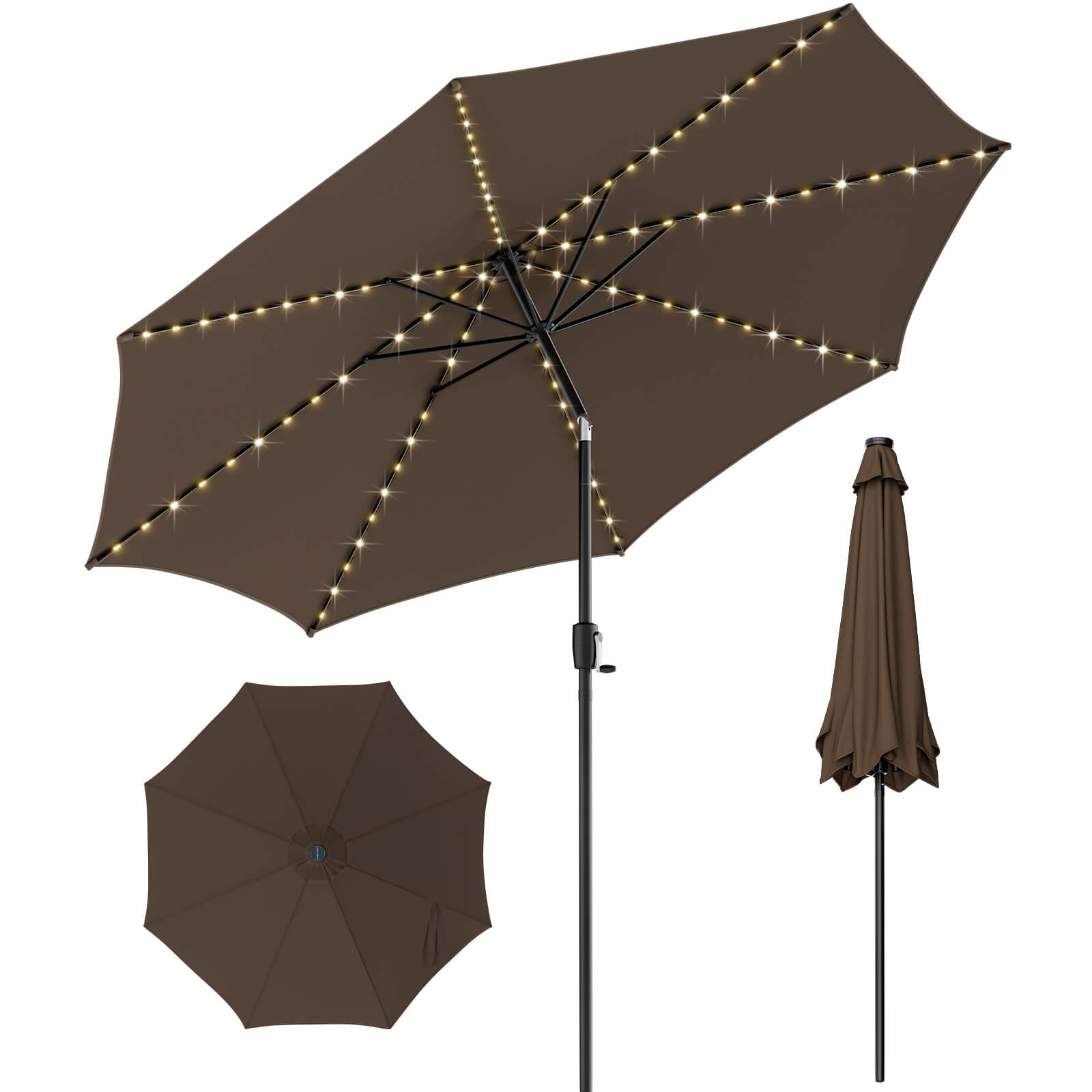 10 Feet Patio Umbrella with 112 Solar Lights and Crank Handle, Coffee Outdoor Umbrellas at Gallery Canada
