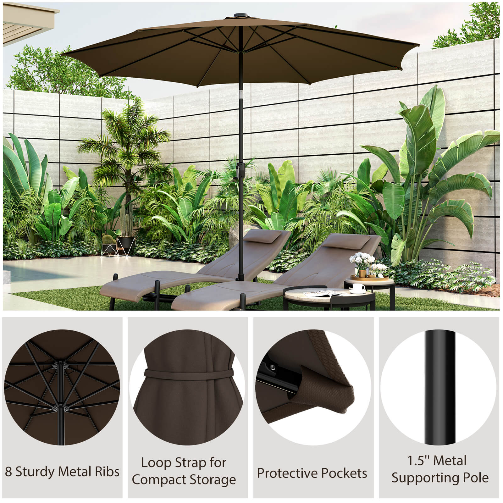 10 Feet Patio Umbrella with 112 Solar Lights and Crank Handle, Coffee Outdoor Umbrellas at Gallery Canada
