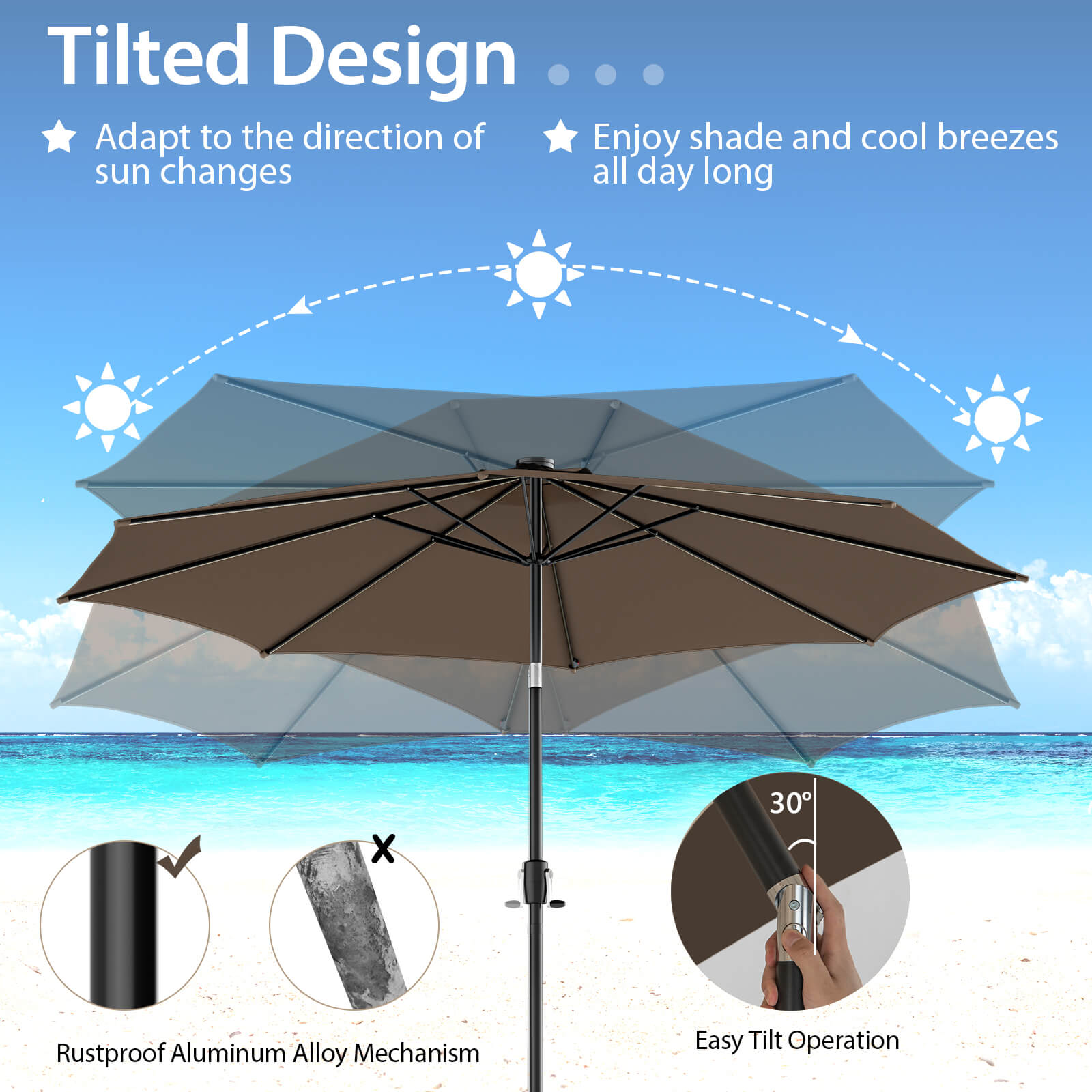 10 Feet Patio Umbrella with 112 Solar Lights and Crank Handle, Coffee Outdoor Umbrellas at Gallery Canada