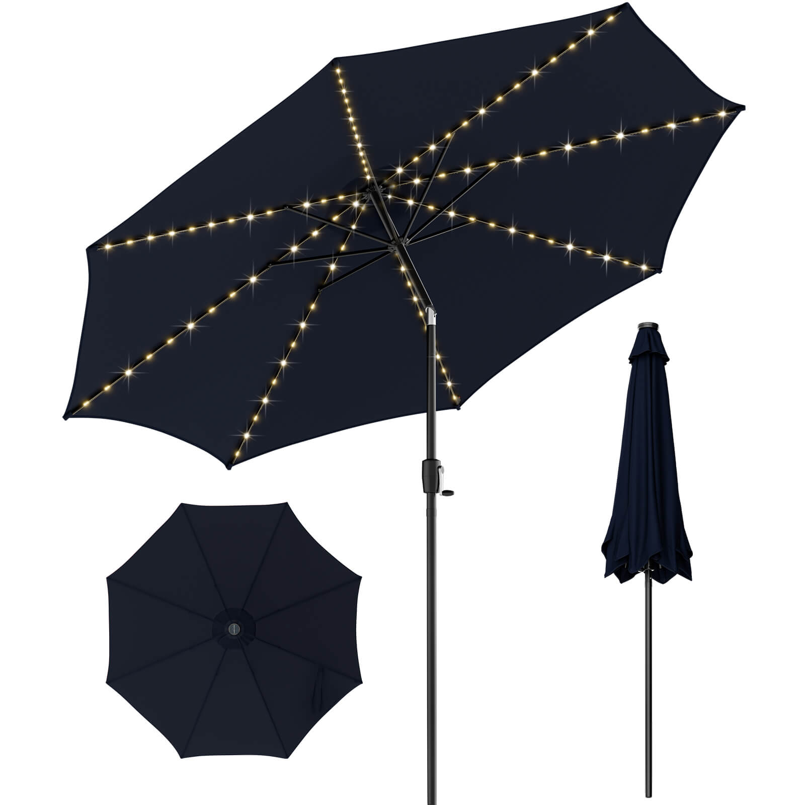 10 Feet Patio Umbrella with 112 Solar Lights and Crank Handle, Navy Outdoor Umbrellas at Gallery Canada