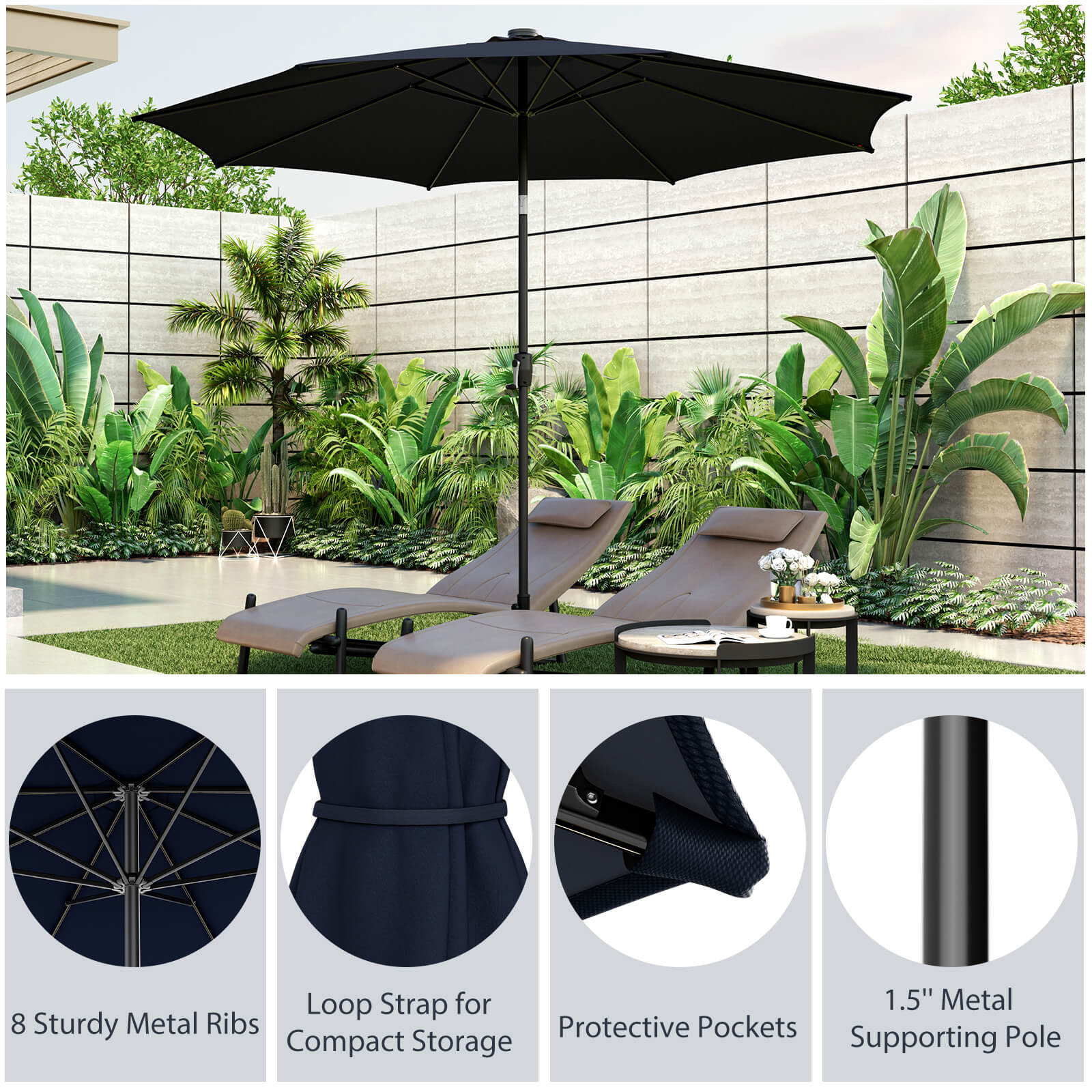 10 Feet Patio Umbrella with 112 Solar Lights and Crank Handle, Navy Outdoor Umbrellas at Gallery Canada