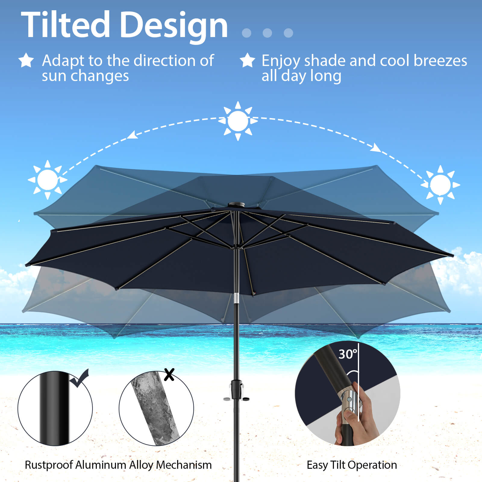 10 Feet Patio Umbrella with 112 Solar Lights and Crank Handle, Navy Outdoor Umbrellas at Gallery Canada