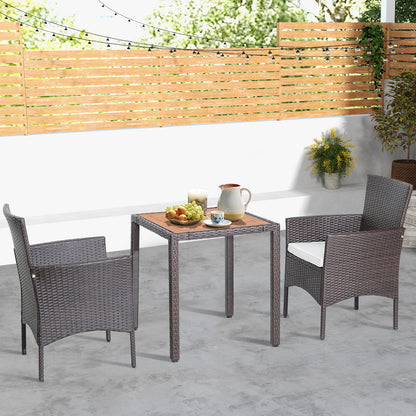 3 Pieces Patio Wicker Furniture Set wih Acacia Wood Table Top and Chair Cushiones, Off White Patio Conversation Sets at Gallery Canada
