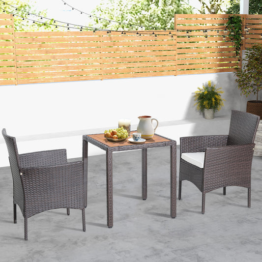 3 Pieces Patio Wicker Furniture Set wih Acacia Wood Table Top and Chair Cushiones, Off White Patio Conversation Sets Off White at Gallery Canada