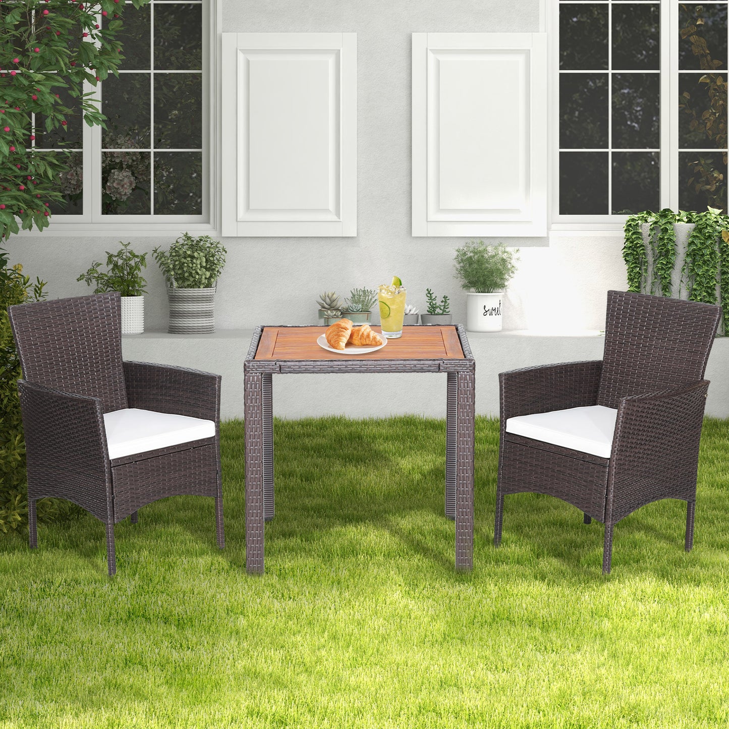 3 Pieces Patio Wicker Furniture Set wih Acacia Wood Table Top and Chair Cushiones, Off White Patio Conversation Sets at Gallery Canada