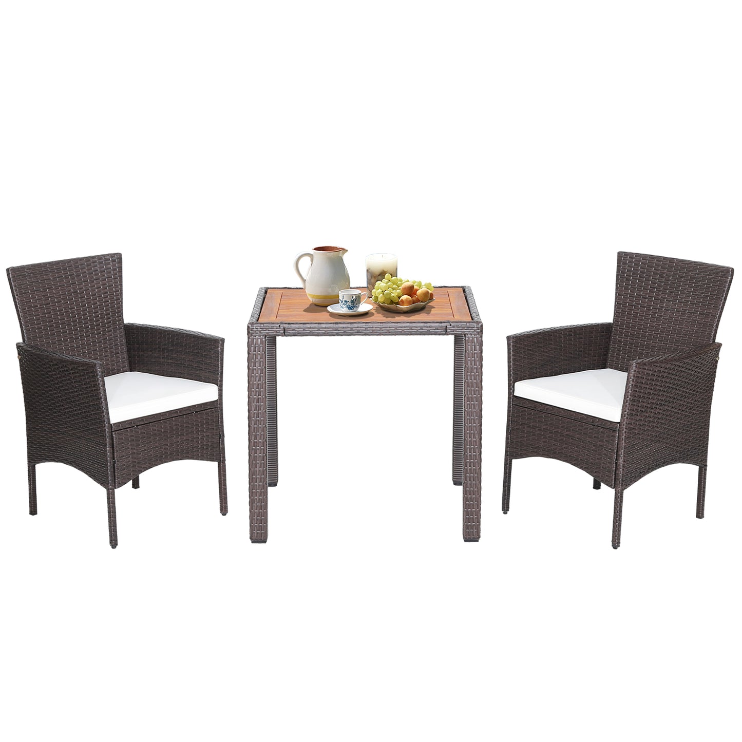 3 Pieces Patio Wicker Furniture Set wih Acacia Wood Table Top and Chair Cushiones, Off White Patio Conversation Sets at Gallery Canada