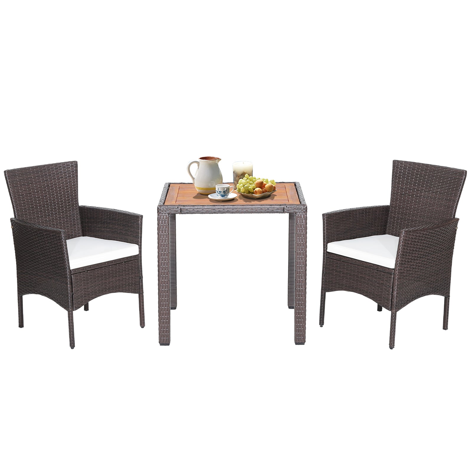 3 Pieces Patio Wicker Furniture Set wih Acacia Wood Table Top and Chair Cushiones, Off White Patio Conversation Sets at Gallery Canada