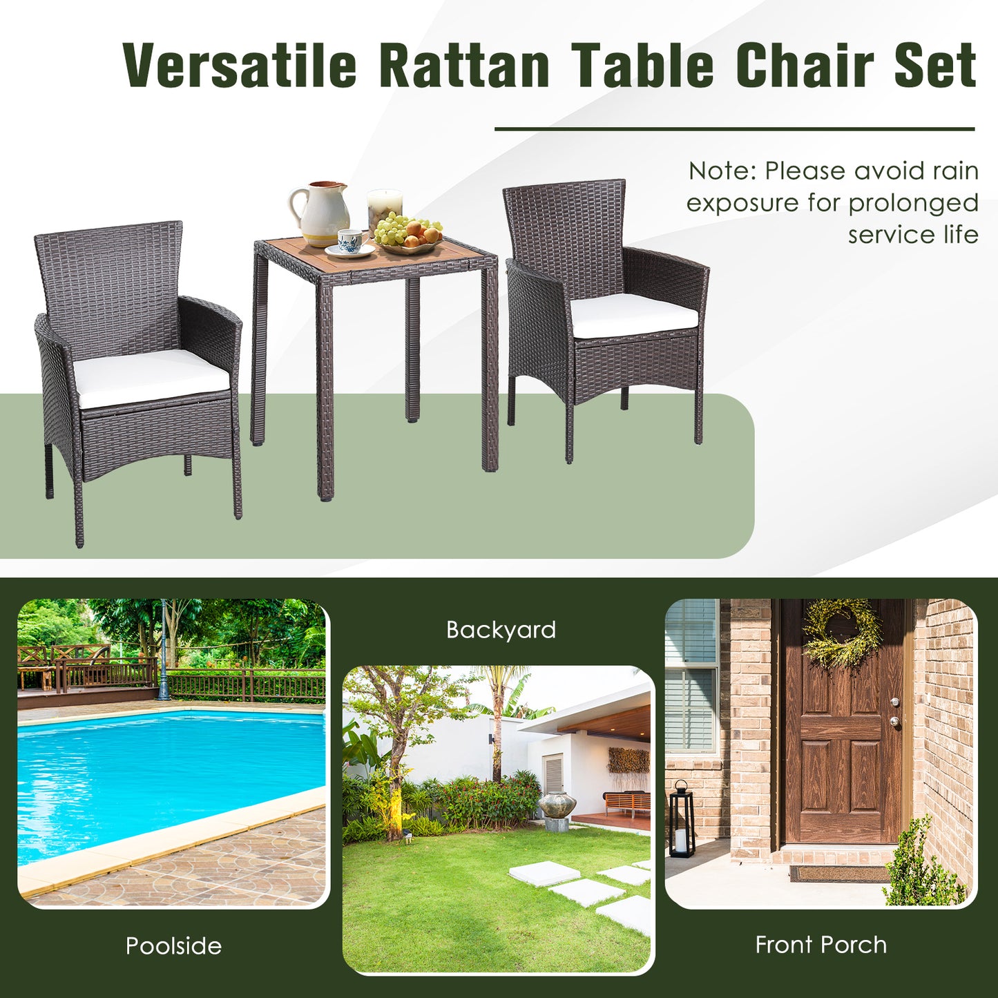 3 Pieces Patio Wicker Furniture Set wih Acacia Wood Table Top and Chair Cushiones, Off White Patio Conversation Sets at Gallery Canada