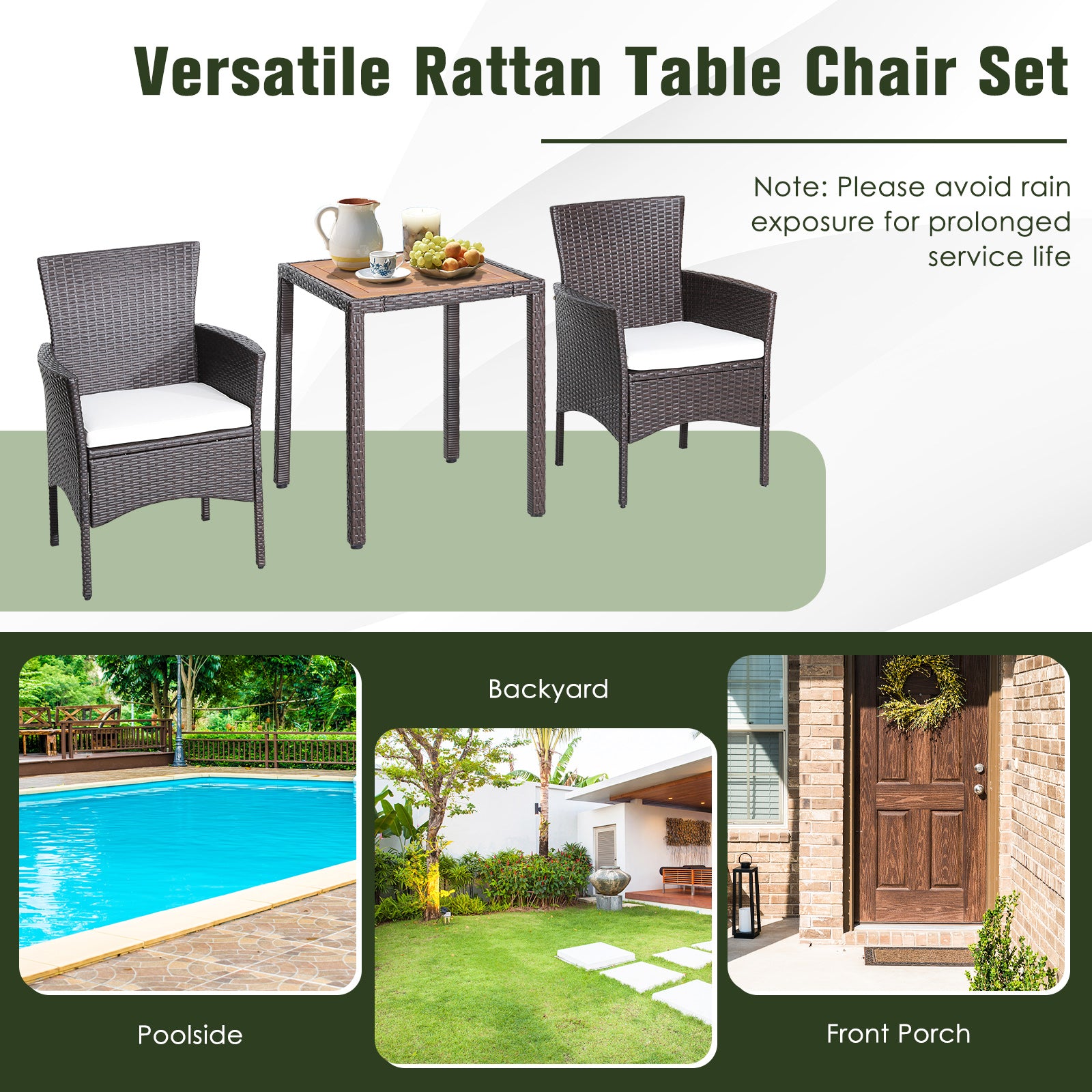 3 Pieces Patio Wicker Furniture Set wih Acacia Wood Table Top and Chair Cushiones, Off White Patio Conversation Sets at Gallery Canada