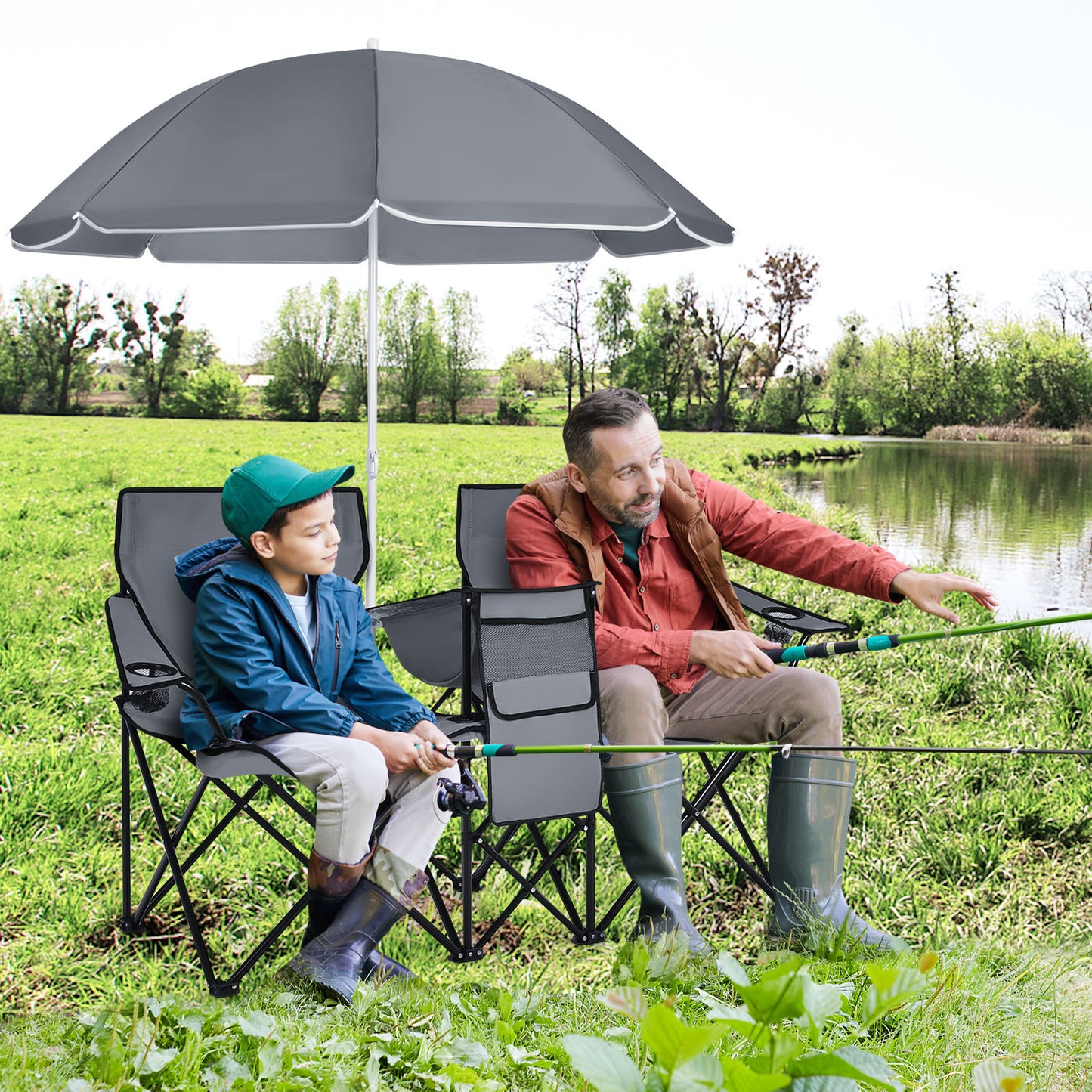 Portable Folding Picnic Double Chair With Umbrella, Gray Camping Furniture at Gallery Canada