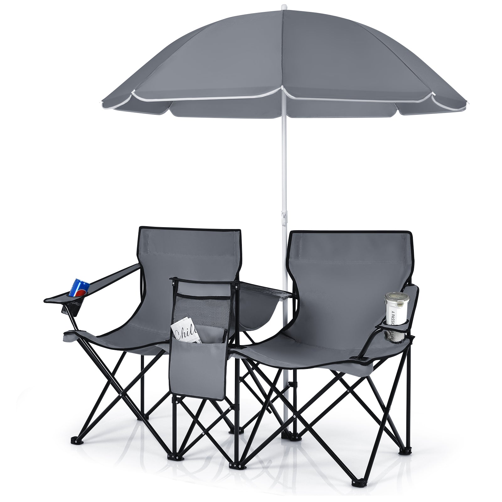 Portable Folding Picnic Double Chair With Umbrella, Gray Camping Furniture at Gallery Canada