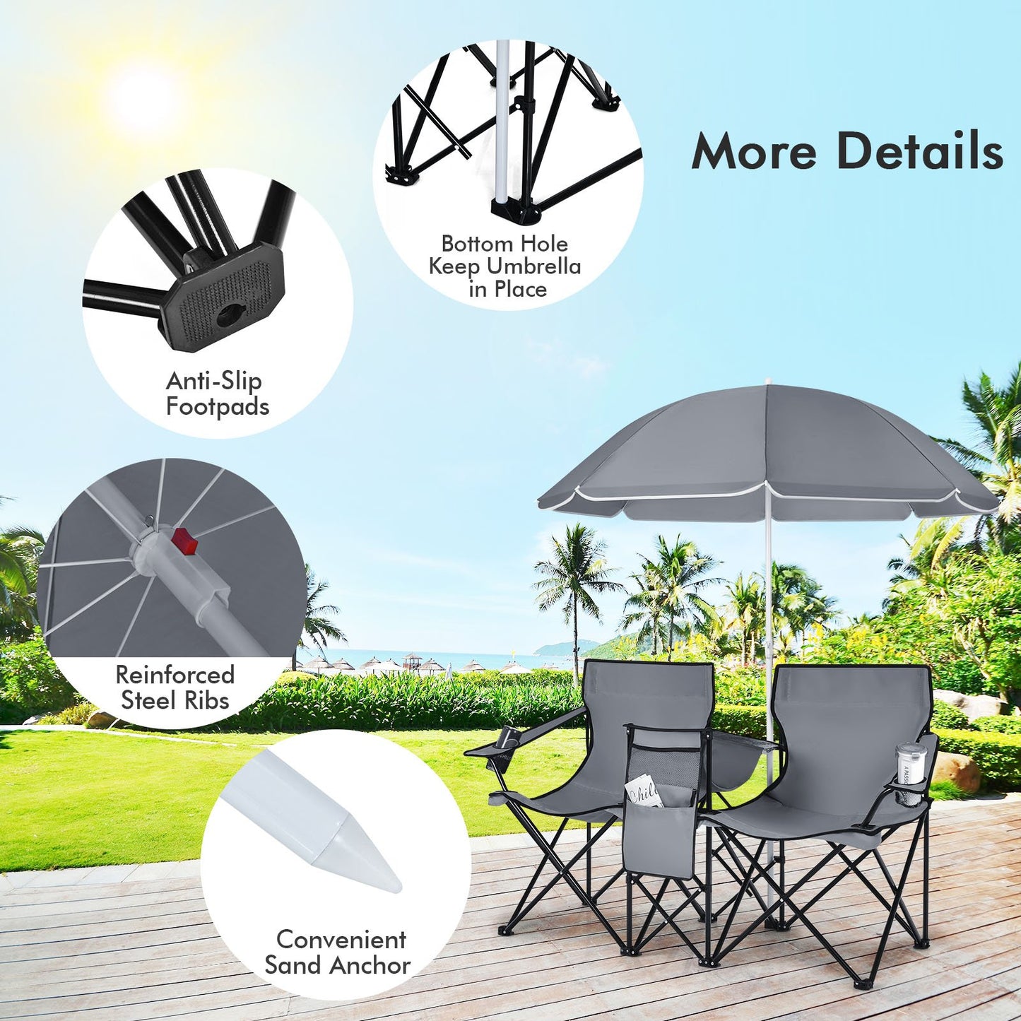 Portable Folding Picnic Double Chair With Umbrella, Gray - Gallery Canada