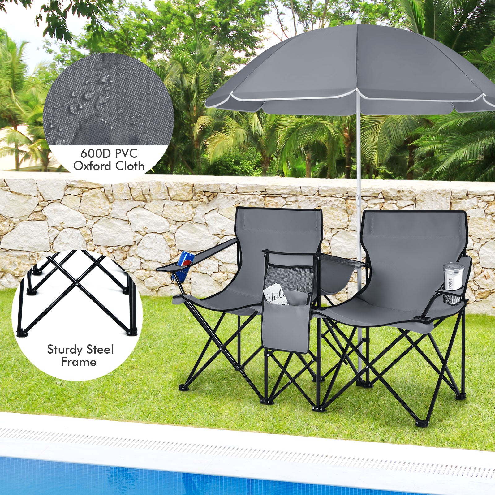 Portable Folding Picnic Double Chair With Umbrella, Gray Camping Furniture at Gallery Canada