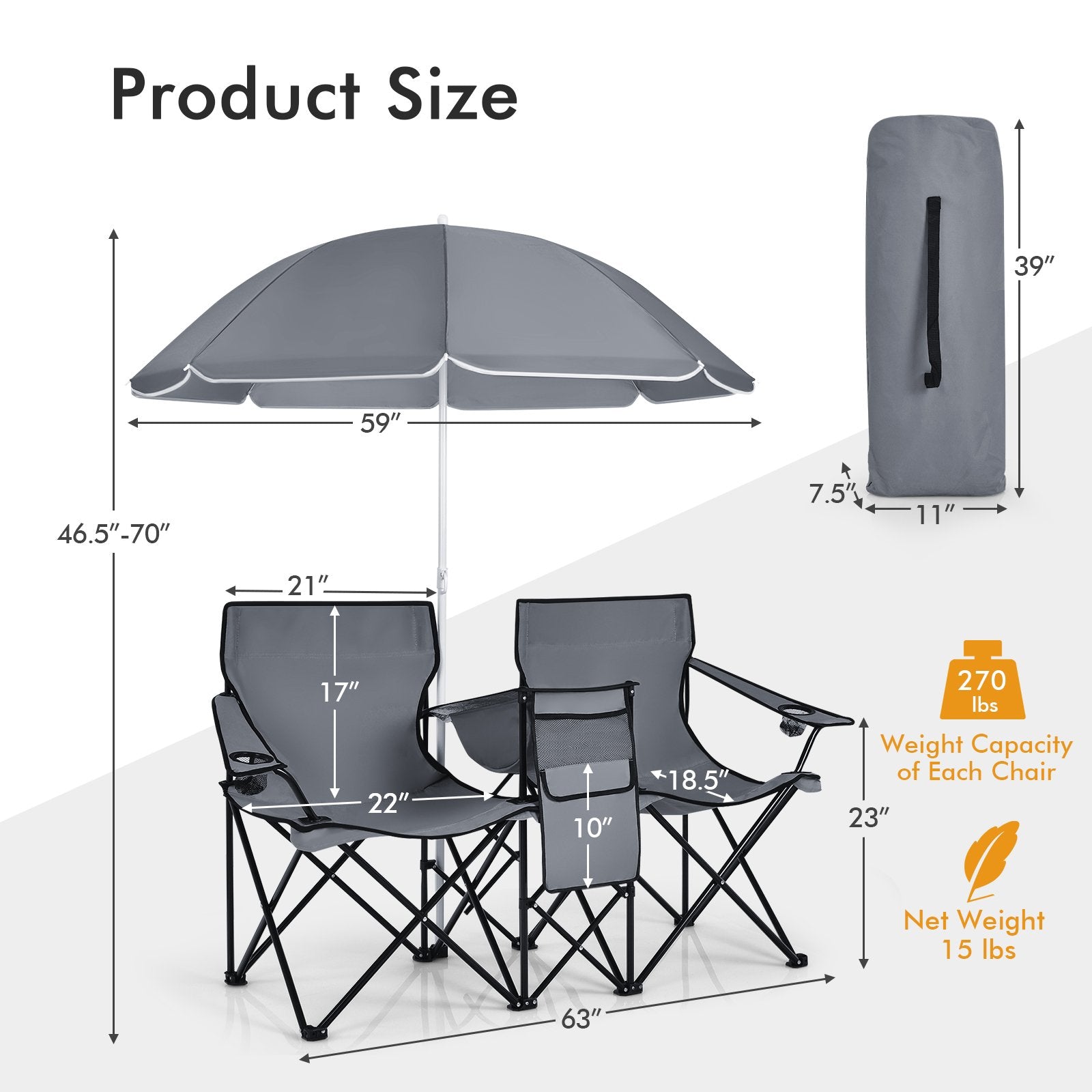 Portable Folding Picnic Double Chair With Umbrella, Gray - Gallery Canada