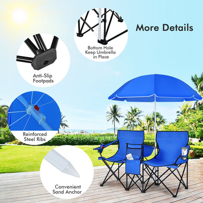 Portable Folding Picnic Double Chair with Umbrella, Blue - Gallery Canada