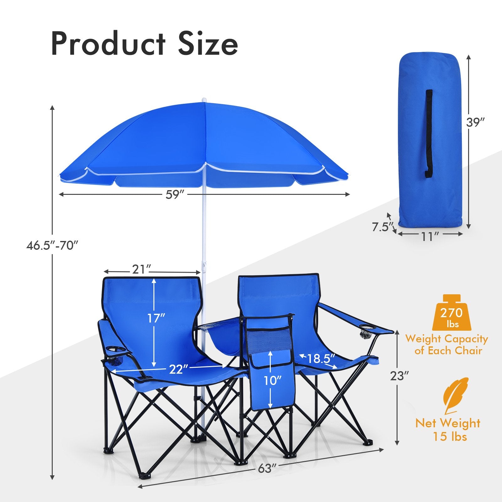 Portable Folding Picnic Double Chair with Umbrella, Blue - Gallery Canada