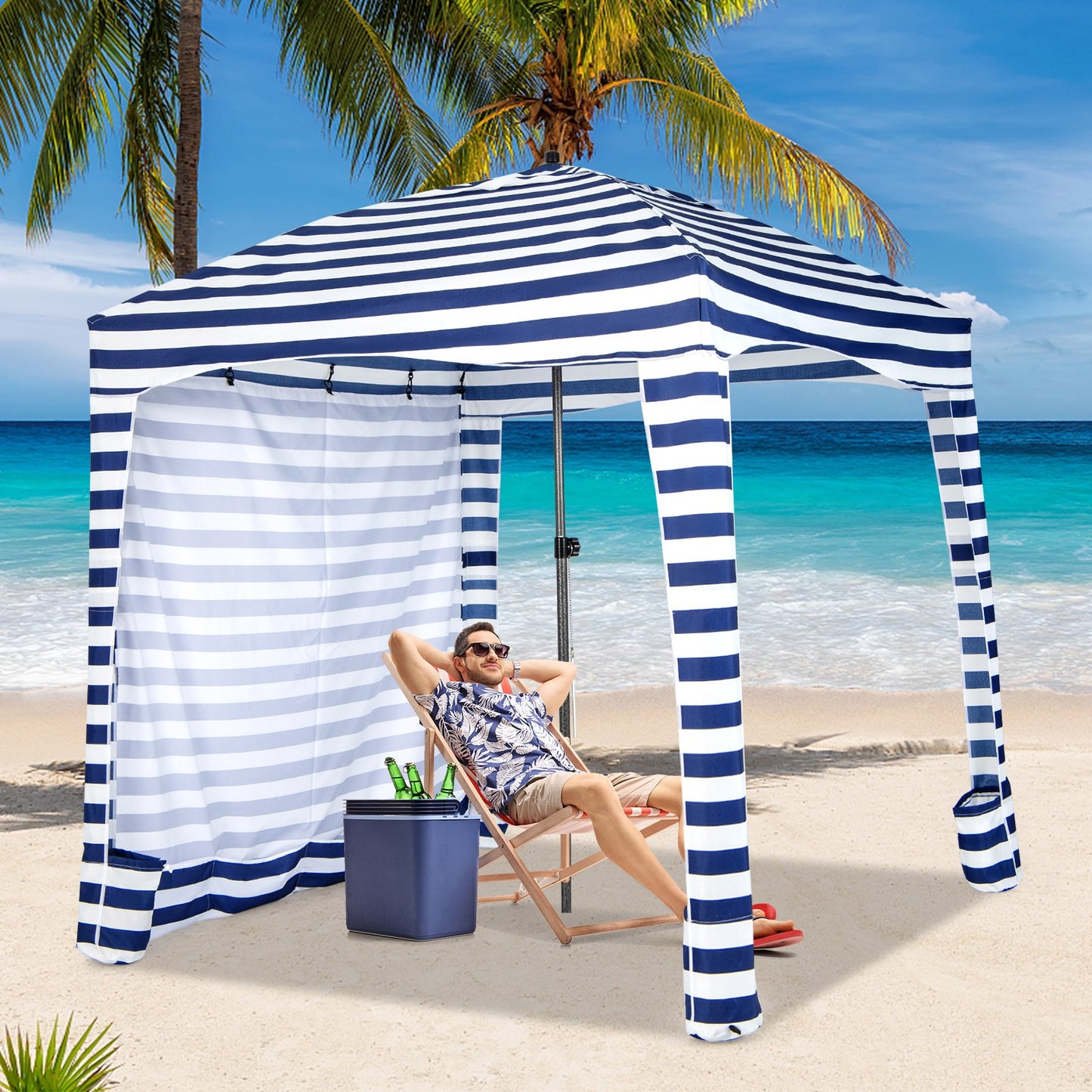 6 x 6 Feet Foldable Beach Cabana Tent with Carrying Bag and Detachable Sidewall, Blue