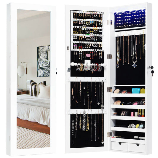 Door Mounted Lockable Mirrored Jewelry Cabinet With LED Lights, White Jewelry Armoires White at Gallery Canada
