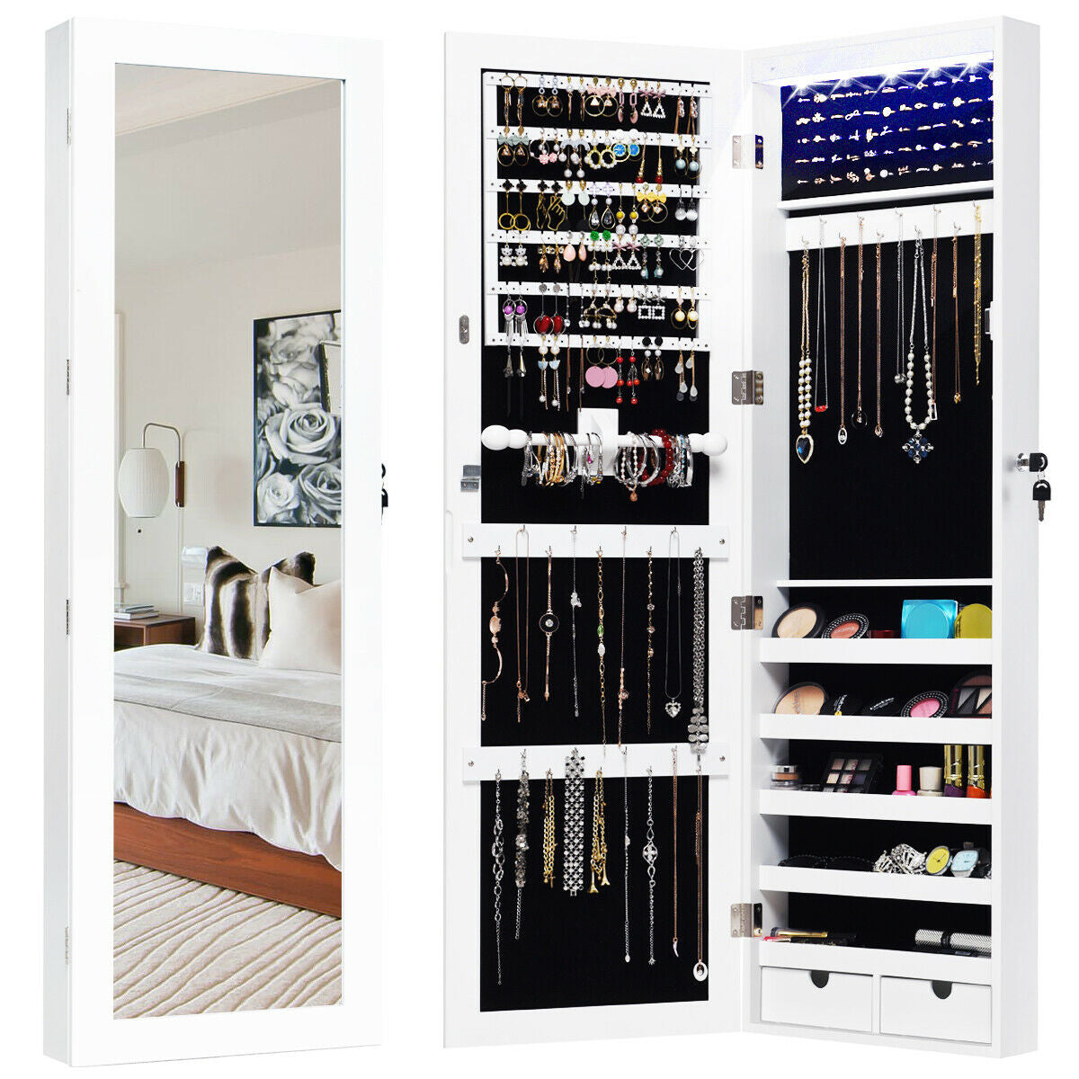 Door Mounted Lockable Mirrored Jewelry Cabinet With LED Lights, White Jewelry Armoires at Gallery Canada