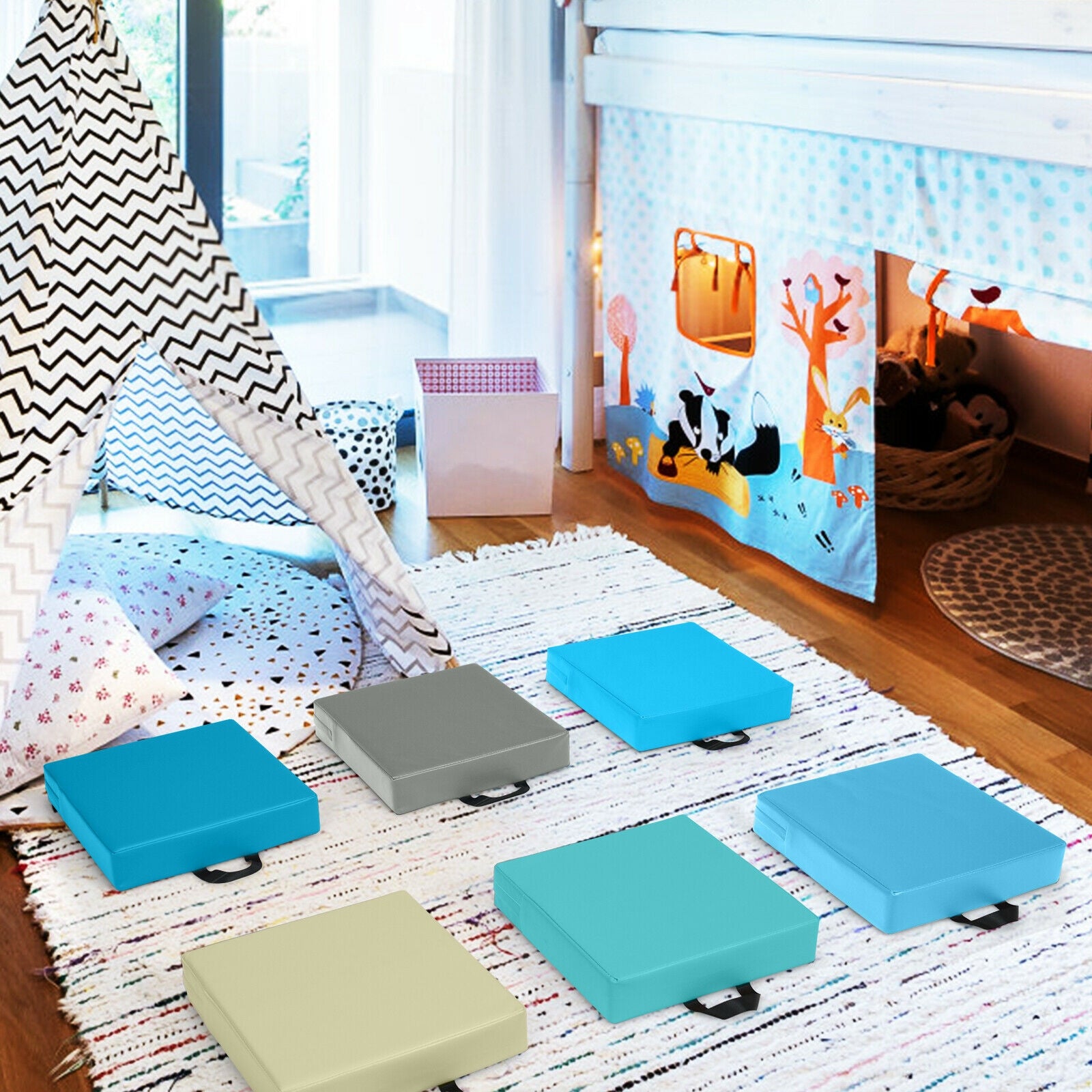 6 Pieces 15 Inches Square Toddler Floor Cushions Flexible Soft Foam Seating with Handles, Blue Kids Chairs & Seating at Gallery Canada