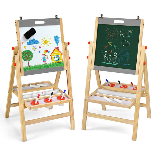 Kids Art Easel with Paper Roll Double Sided Chalkboard and Whiteboard, Gray