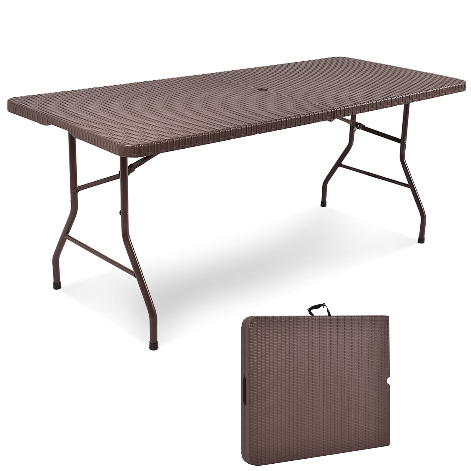 6 Feet Folding Portable Rattan Table, Brown Patio Coffee Tables at Gallery Canada