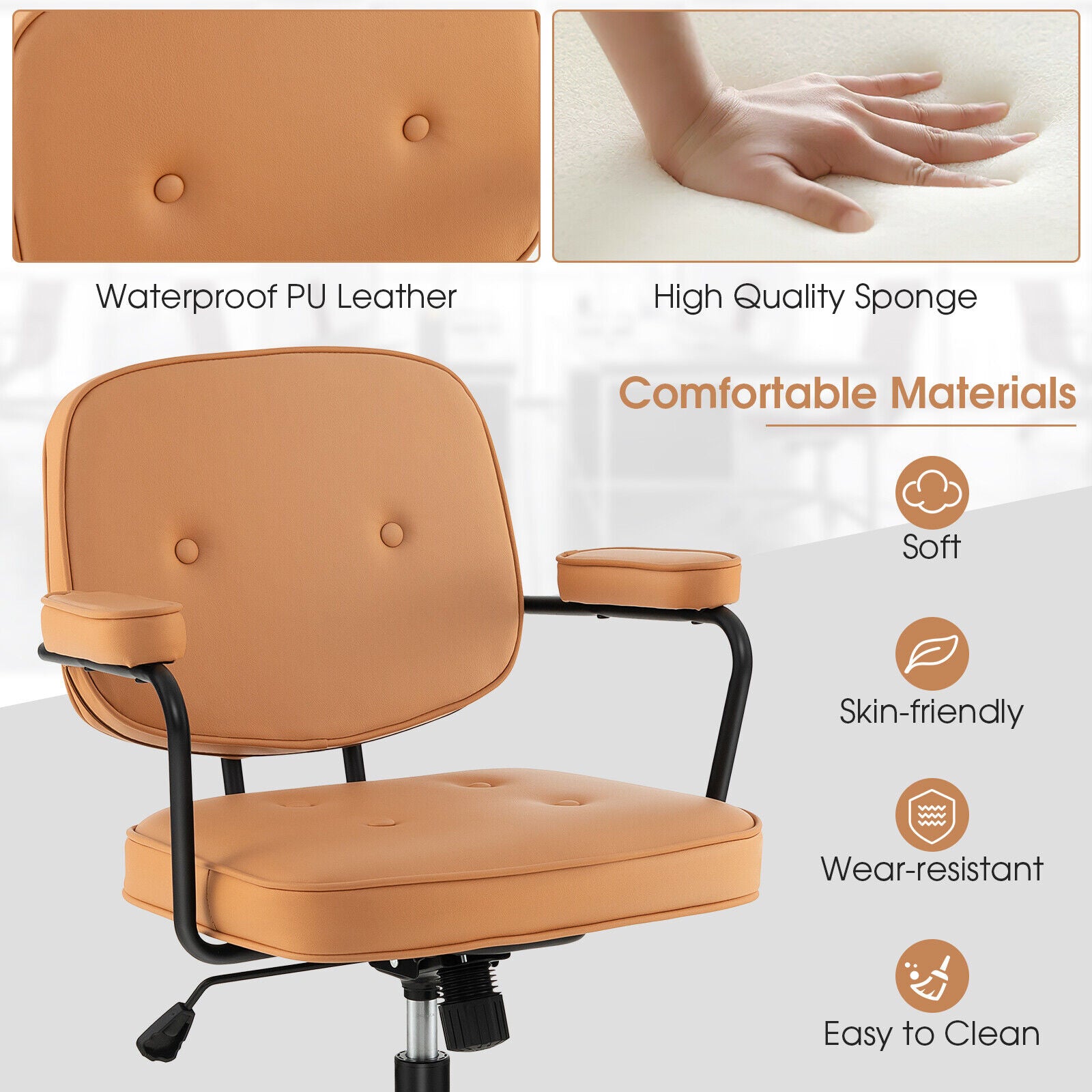 PU Leather Office Chair with Rocking Backrest and Ergonomic Armrest, Orange Leisure Chairs at Gallery Canada