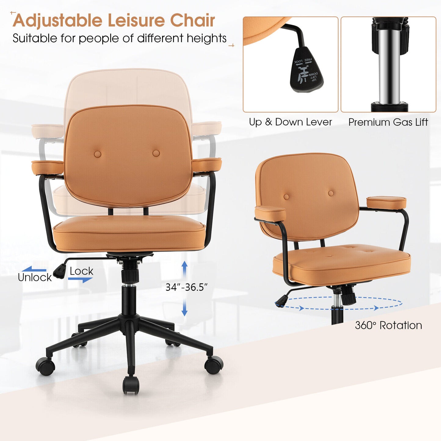 PU Leather Office Chair with Rocking Backrest and Ergonomic Armrest, Orange Leisure Chairs at Gallery Canada