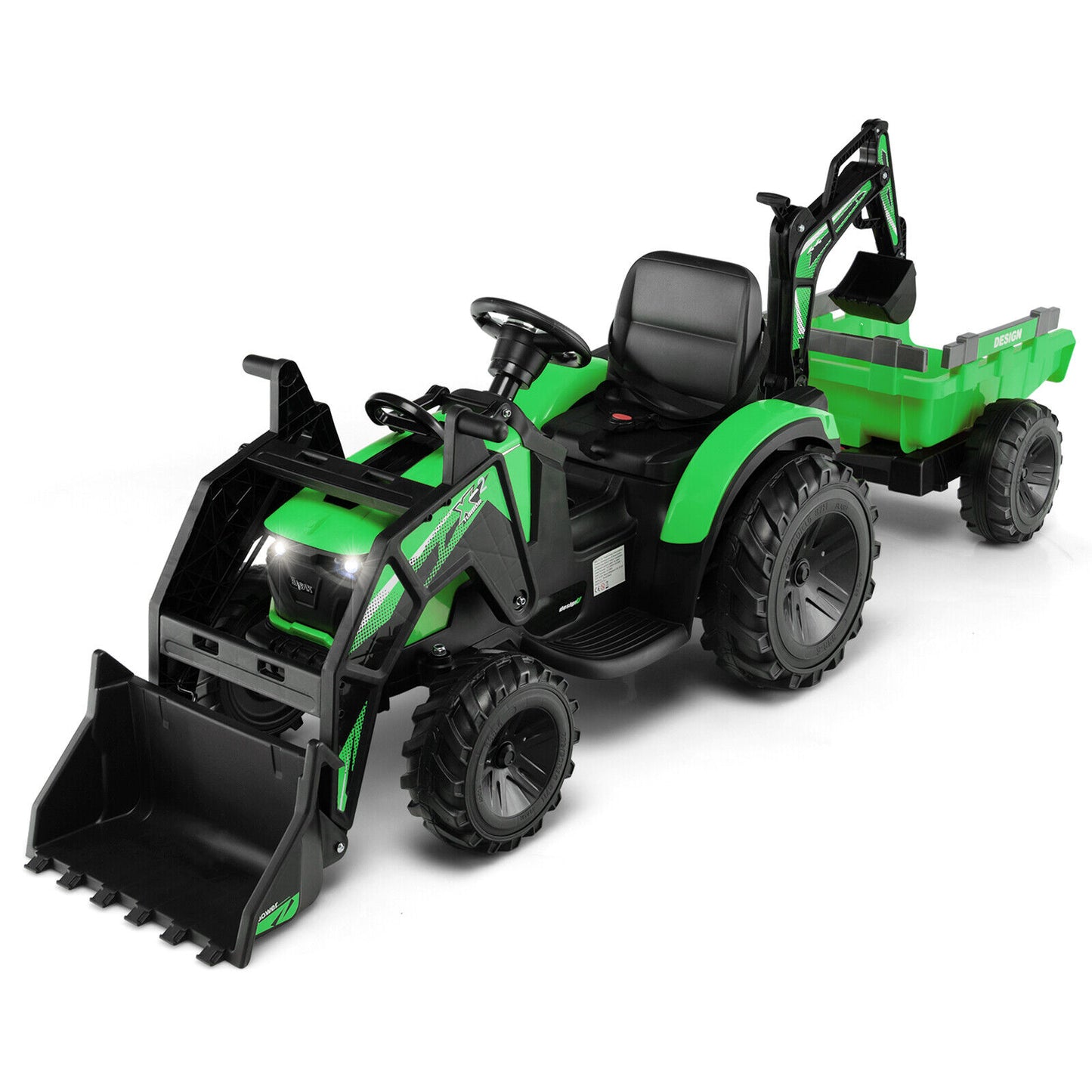 12V Kids Ride On Excavator, 3 In 1 With Shovel Bucket, Green Powered Ride On Toys Green at Gallery Canada