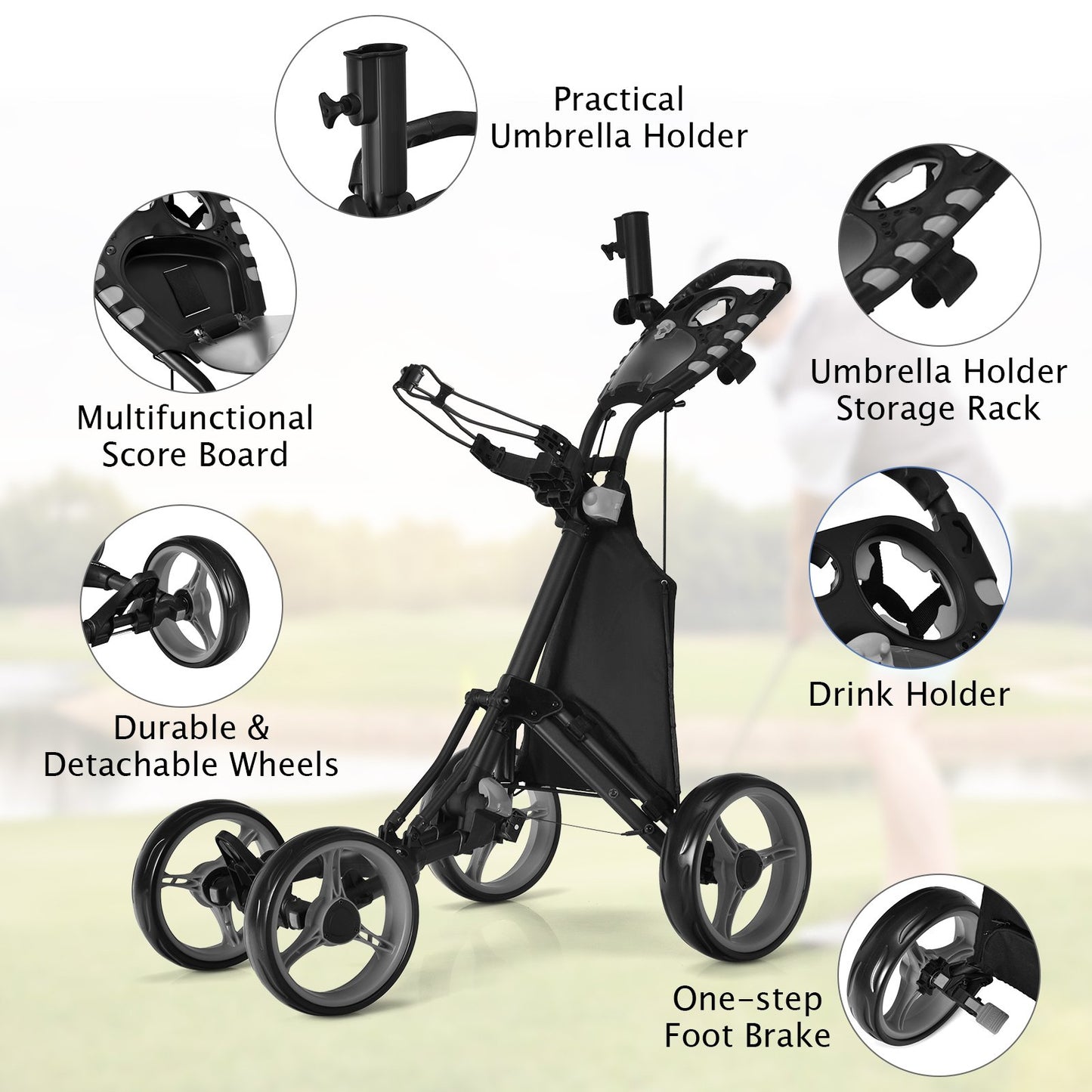 Lightweight Foldable Collapsible 4 Wheels Golf Push Cart, Gray - Gallery Canada