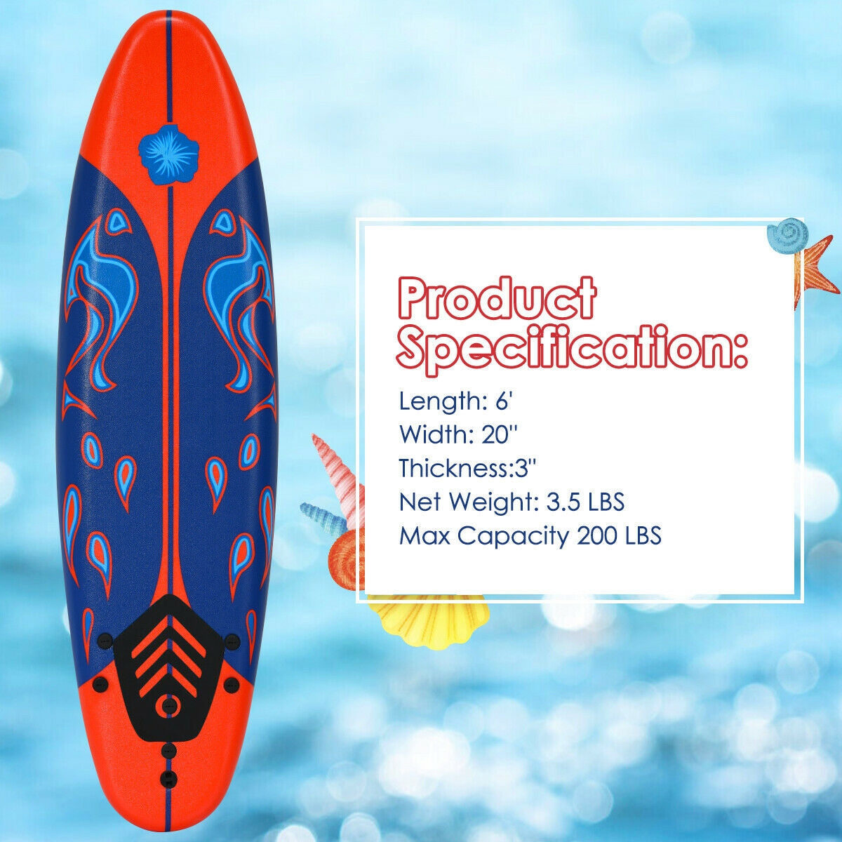 6 Feet Surfboard with 3 Detachable Fins, Red Surfing at Gallery Canada