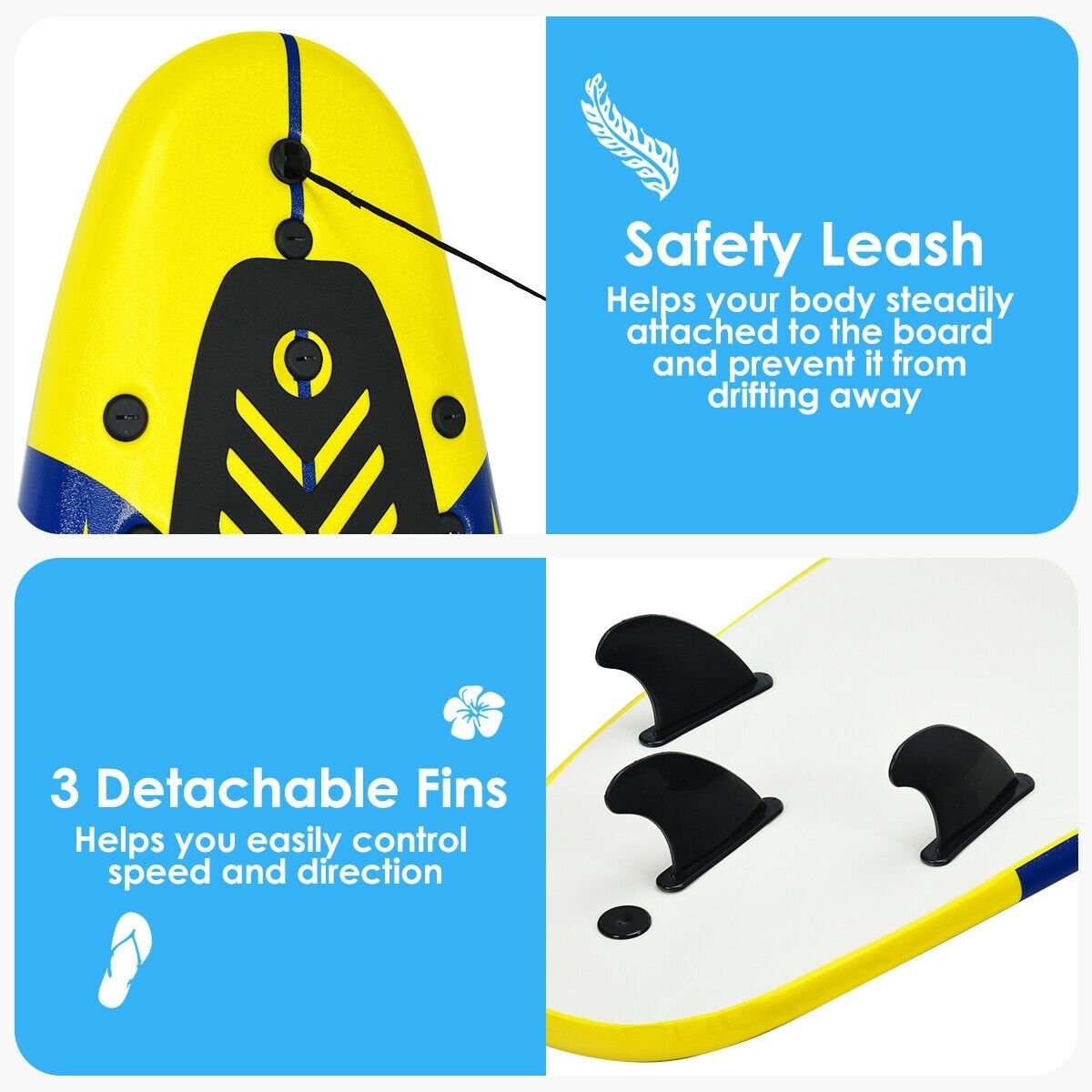6 Feet Surfboard with 3 Detachable Fins, Yellow - Gallery Canada