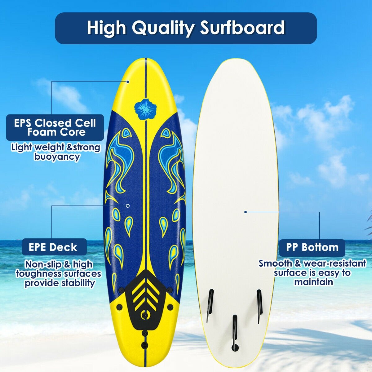 6 Feet Surfboard with 3 Detachable Fins, Yellow - Gallery Canada