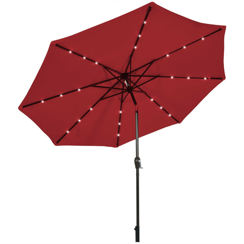 10' Solar LED Patio Umbrella, Tilt Crank, Dark Red
