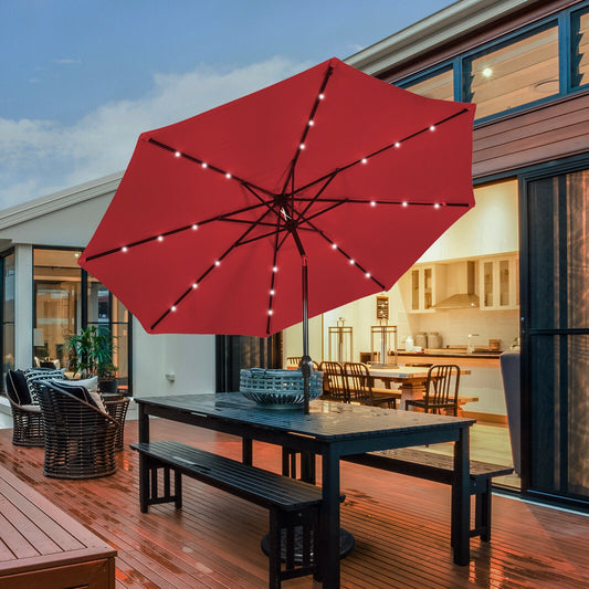 10' Solar LED Lighted Patio Market Umbrella Shade Tilt Adjustment Crank, Dark Red Outdoor Umbrellas Dark Red at Gallery Canada