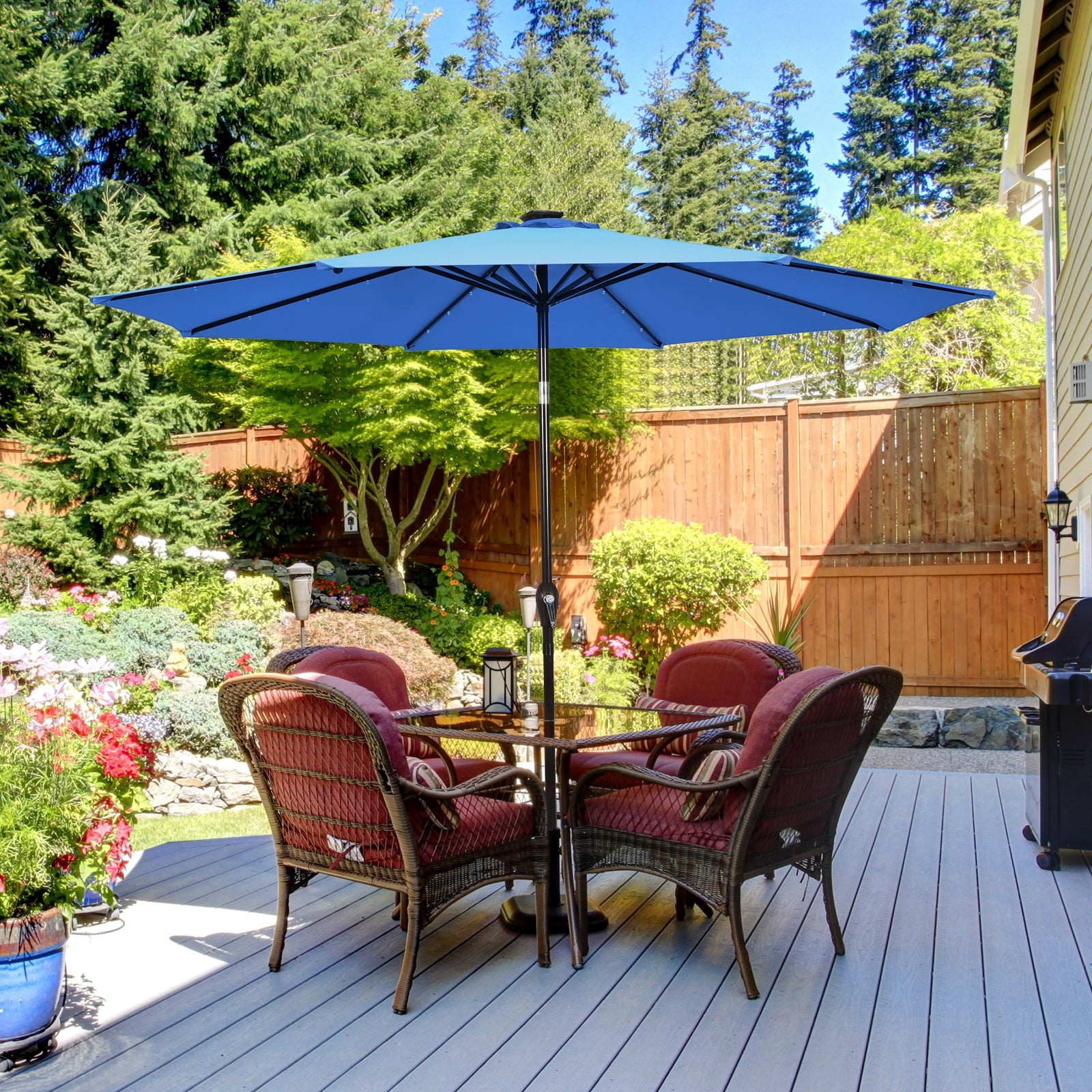 10' Solar LED Patio Umbrella, Tilt Crank, Blue Outdoor Umbrellas at Gallery Canada