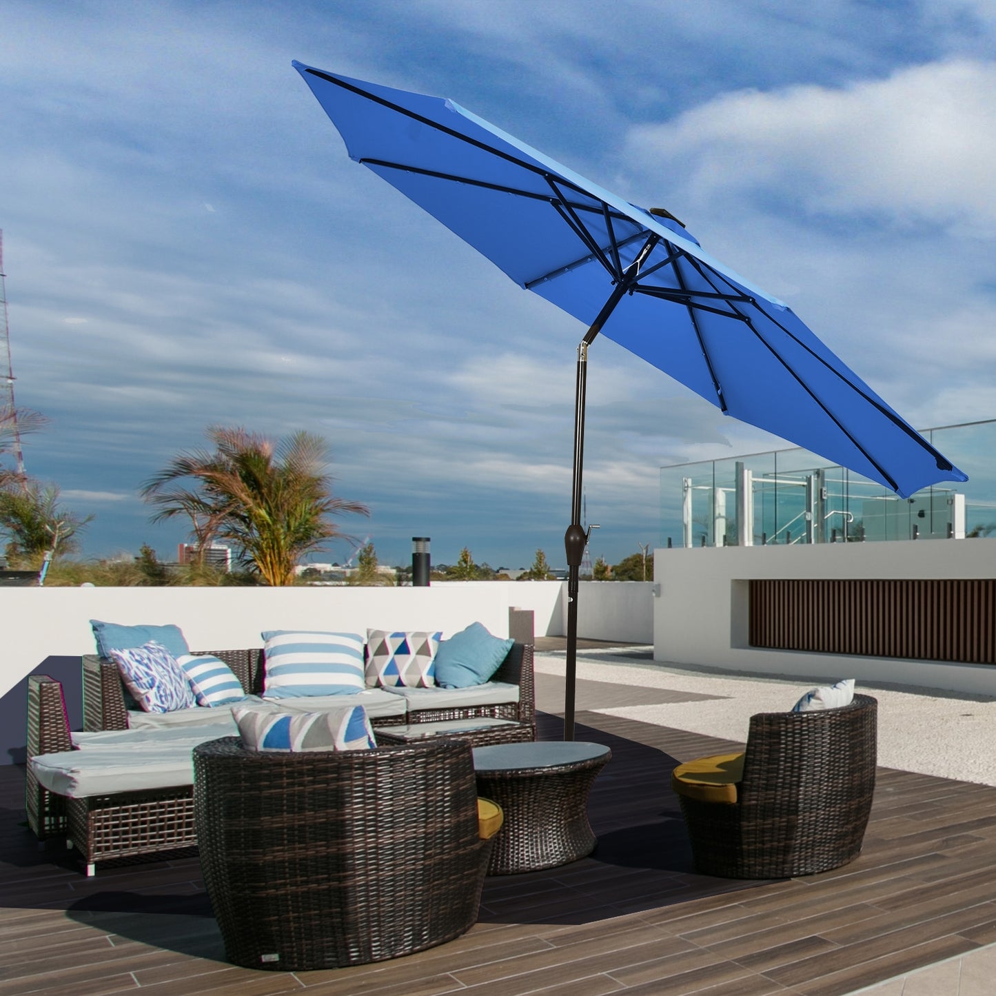 10' Solar LED Patio Umbrella, Tilt Crank, Blue Outdoor Umbrellas at Gallery Canada