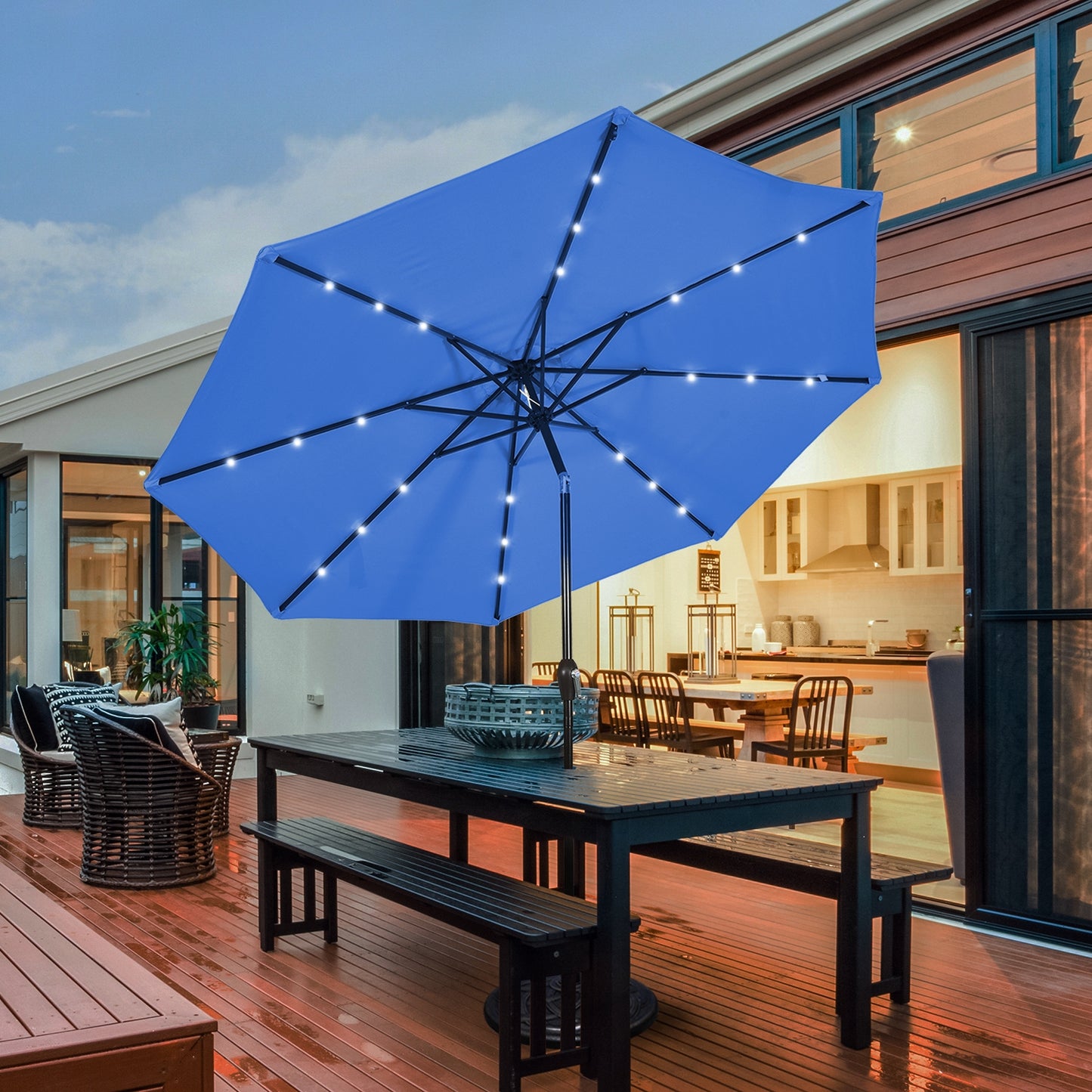 10' Solar LED Patio Umbrella, Tilt Crank, Blue Outdoor Umbrellas at Gallery Canada