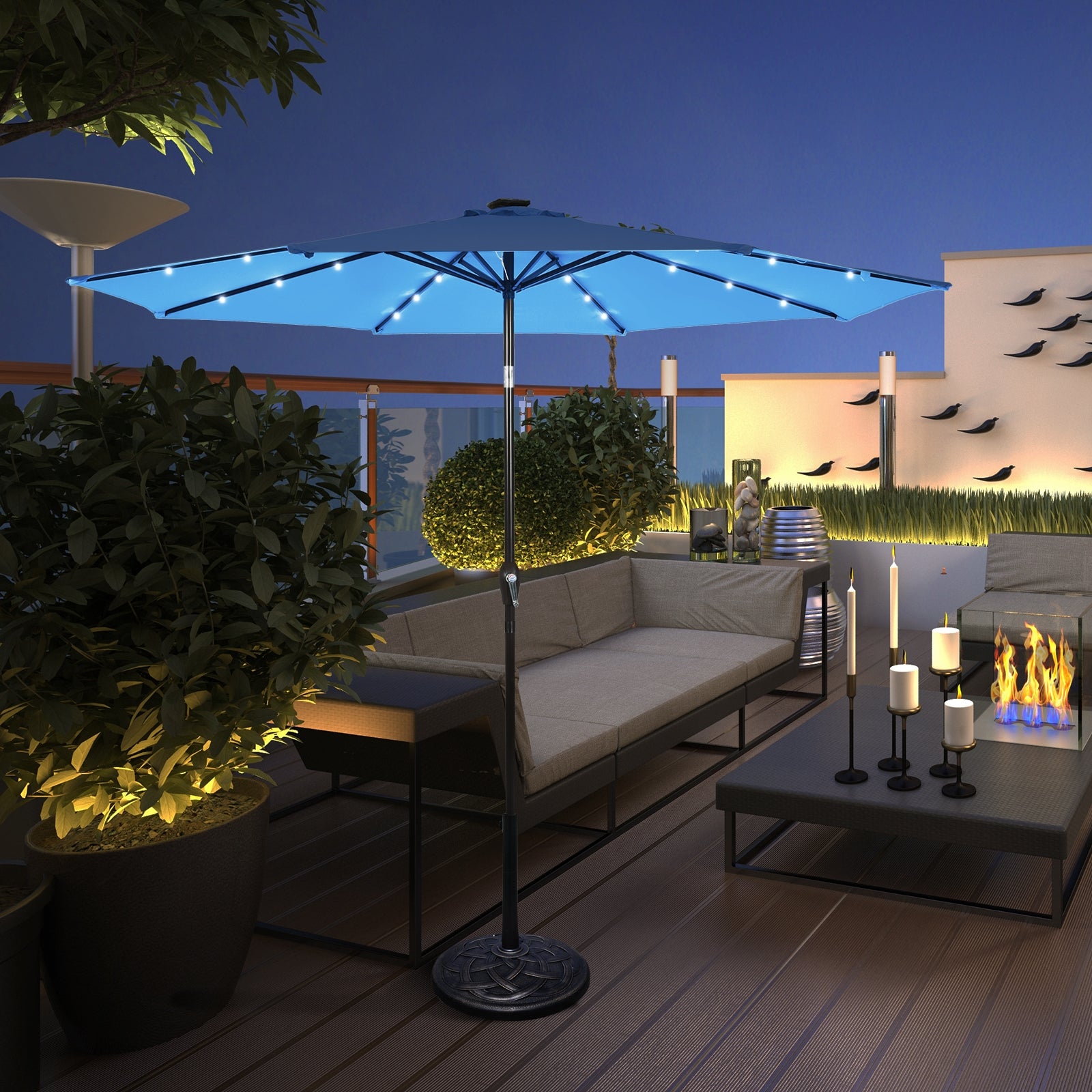 10' Solar LED Patio Umbrella, Tilt Crank, Blue Outdoor Umbrellas at Gallery Canada