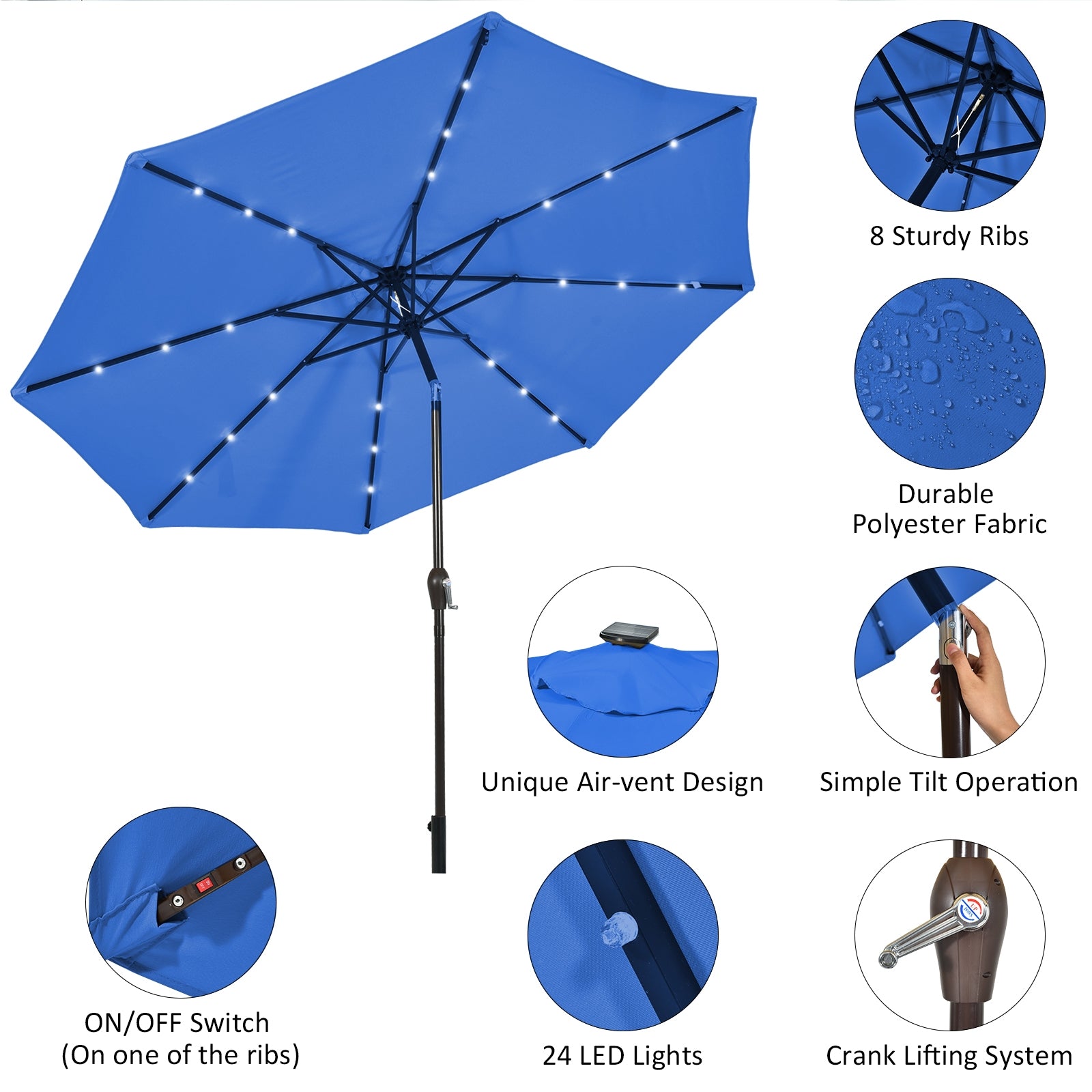 10' Solar LED Patio Umbrella, Tilt Crank, Blue Outdoor Umbrellas at Gallery Canada