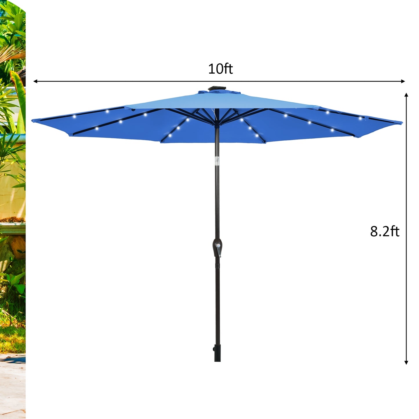 10' Solar LED Patio Umbrella, Tilt Crank, Blue Outdoor Umbrellas at Gallery Canada