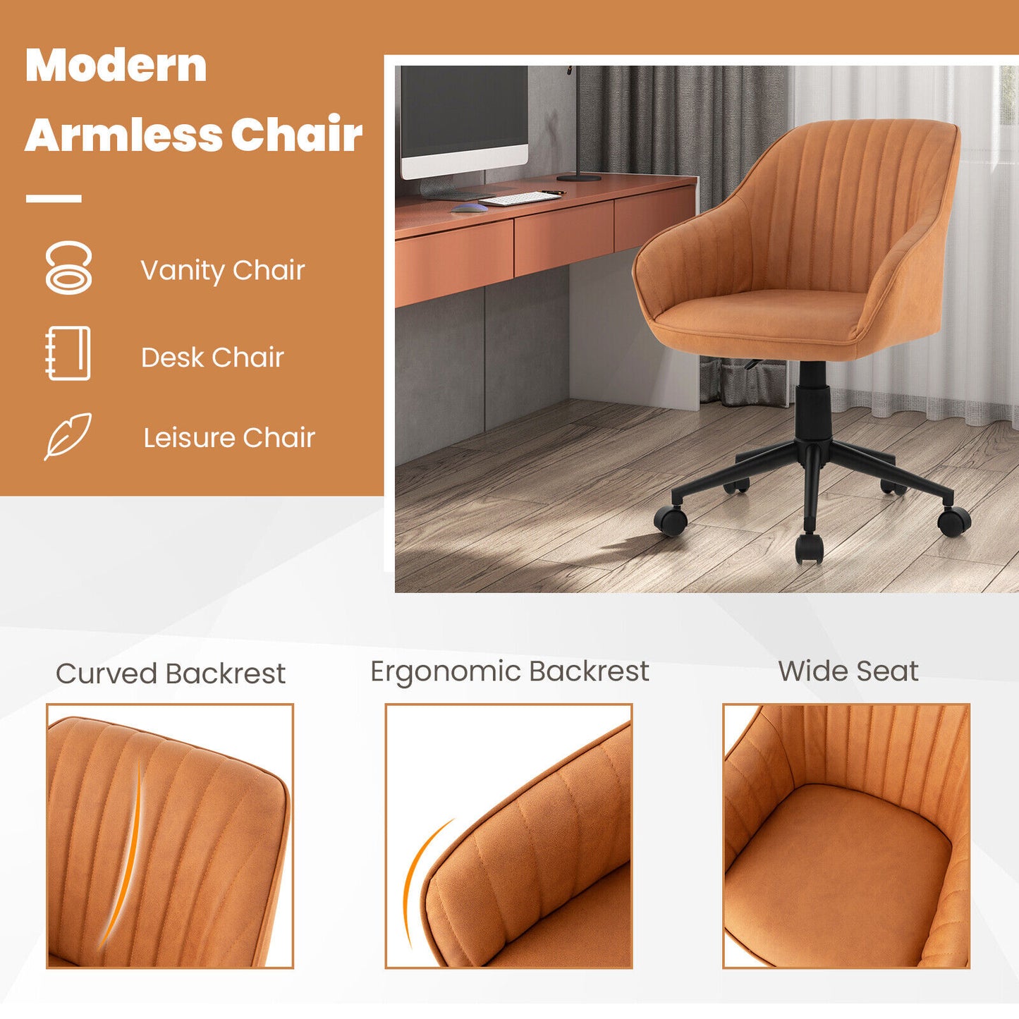Modern Home Office Chair with Curved Backrest and Comfortable Armrests, Brown Leisure Chairs at Gallery Canada
