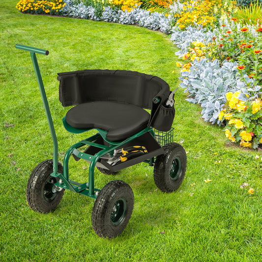 Rolling Garden Cart with Height Adjustable Swivel Seat and Storage Basket, Green - Gallery Canada