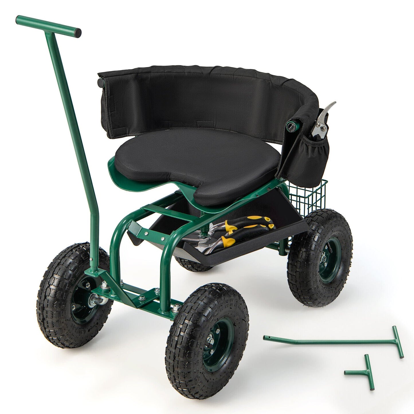Rolling Garden Cart with Height Adjustable Swivel Seat and Storage Basket, Green - Gallery Canada