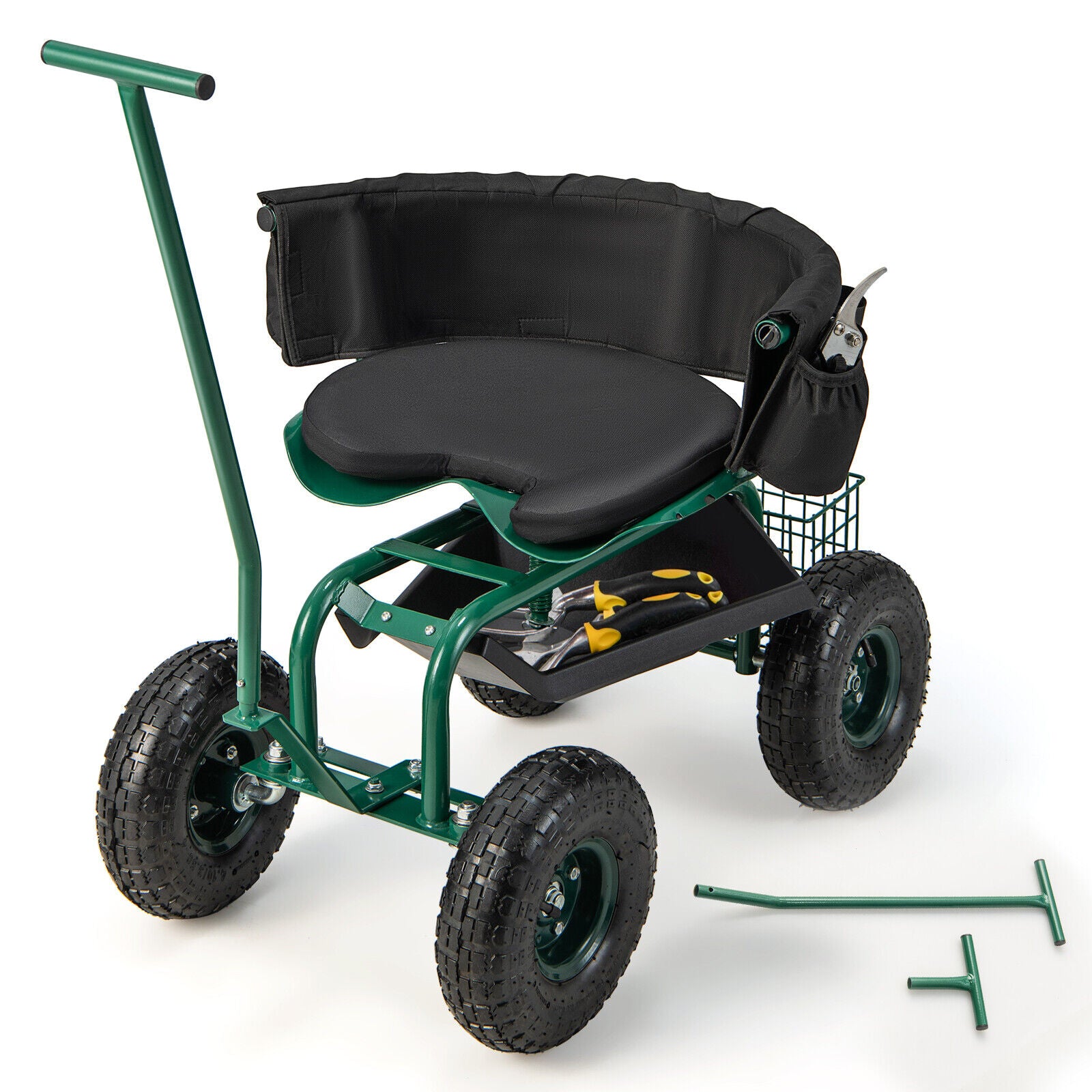 Rolling Garden Cart with Height Adjustable Swivel Seat and Storage Basket, Green Garden Carts at Gallery Canada