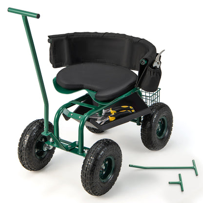 Rolling Garden Cart with Height Adjustable Swivel Seat and Storage Basket, Green Garden Carts at Gallery Canada