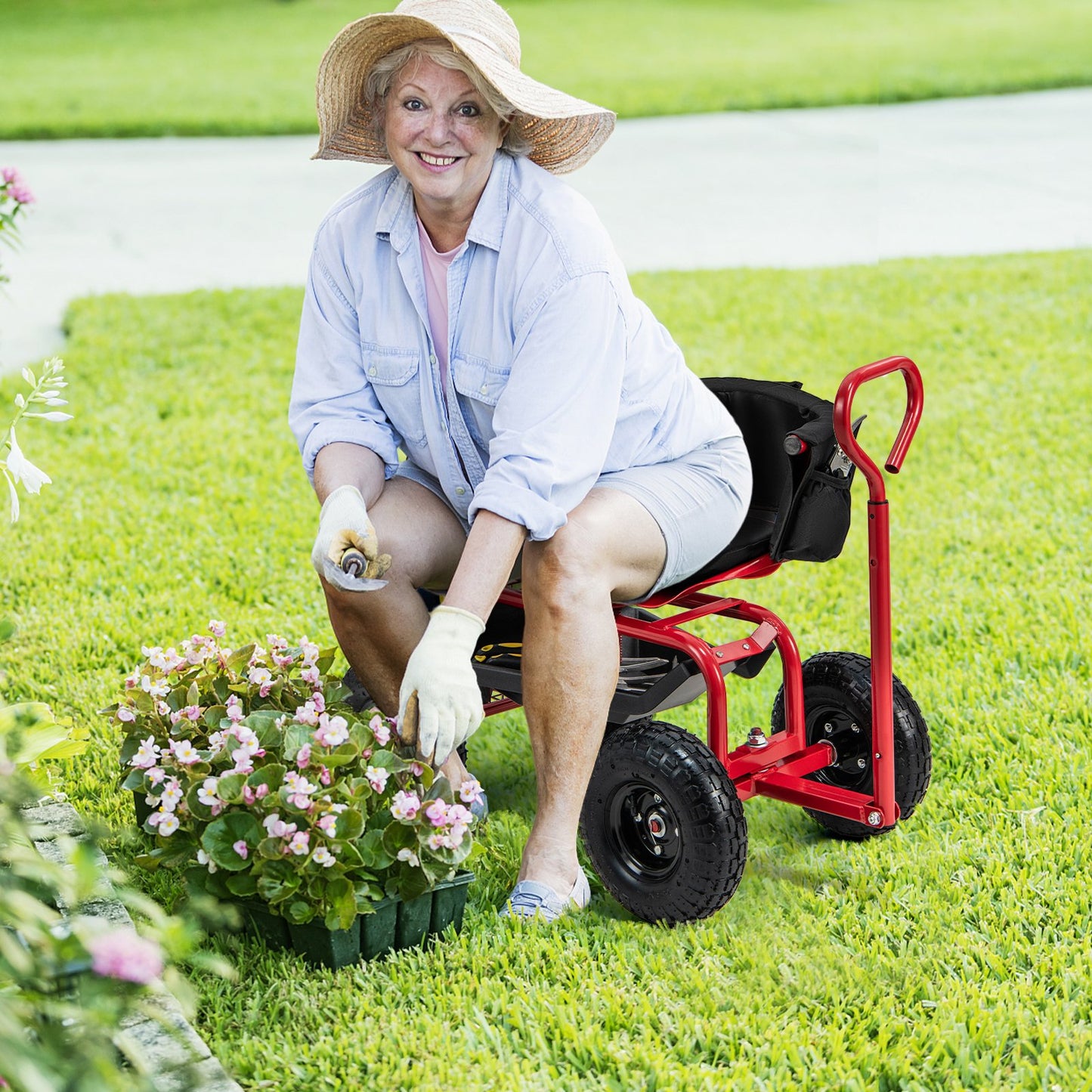 Cushioned Rolling Garden Cart Scooter with Storage Basket and Tool Pouch, Black & Red at Gallery Canada